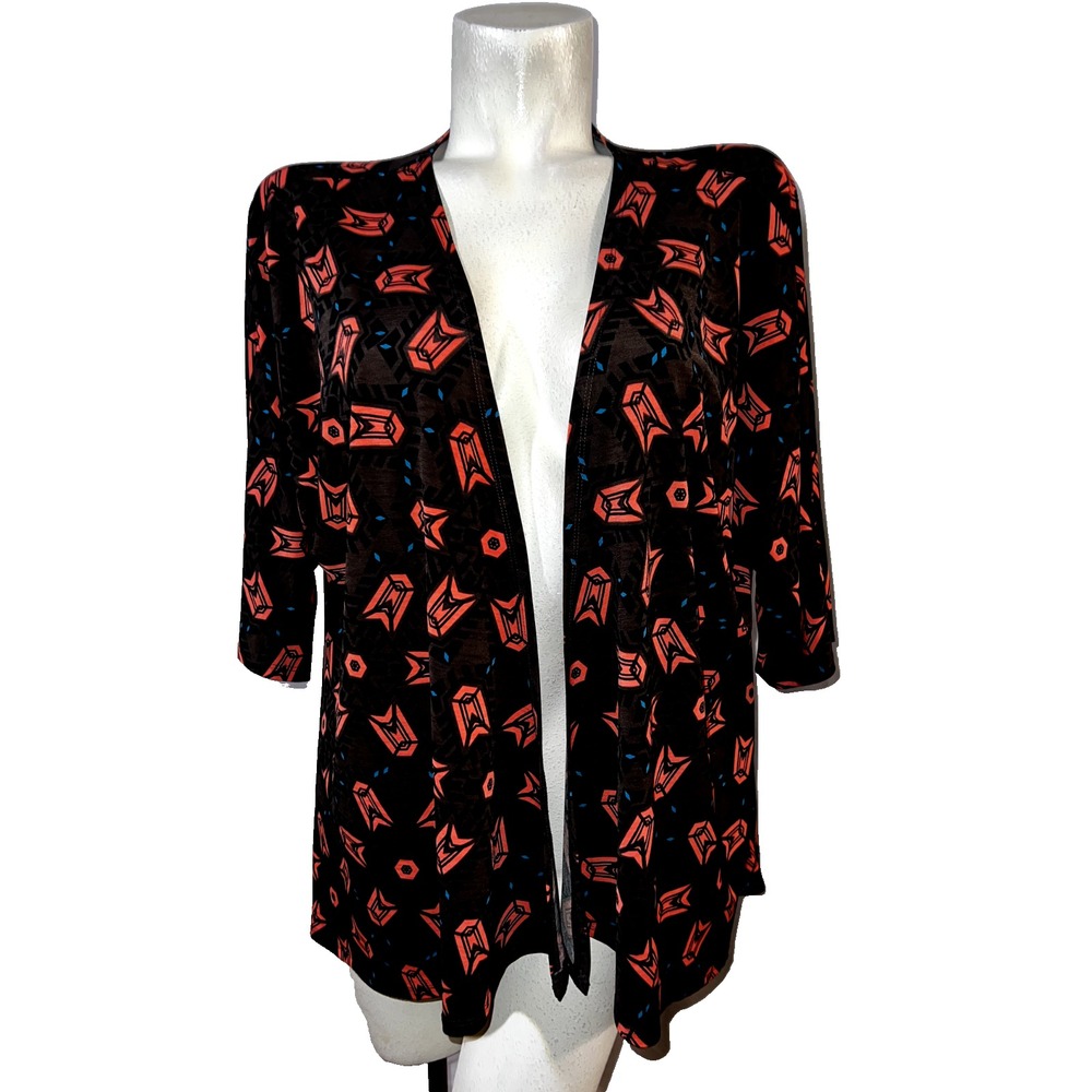 LuLaRoe Lindsay Kimono Cardigan Womens Small Coral Brown Black Geometric Stretch